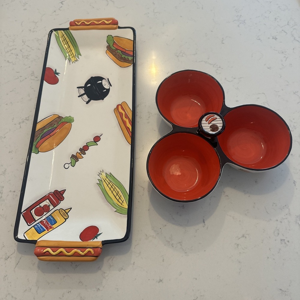 Grill Time 20" Glazed Pottery Platter & Condiment Tray Set by Clay Art Vintage